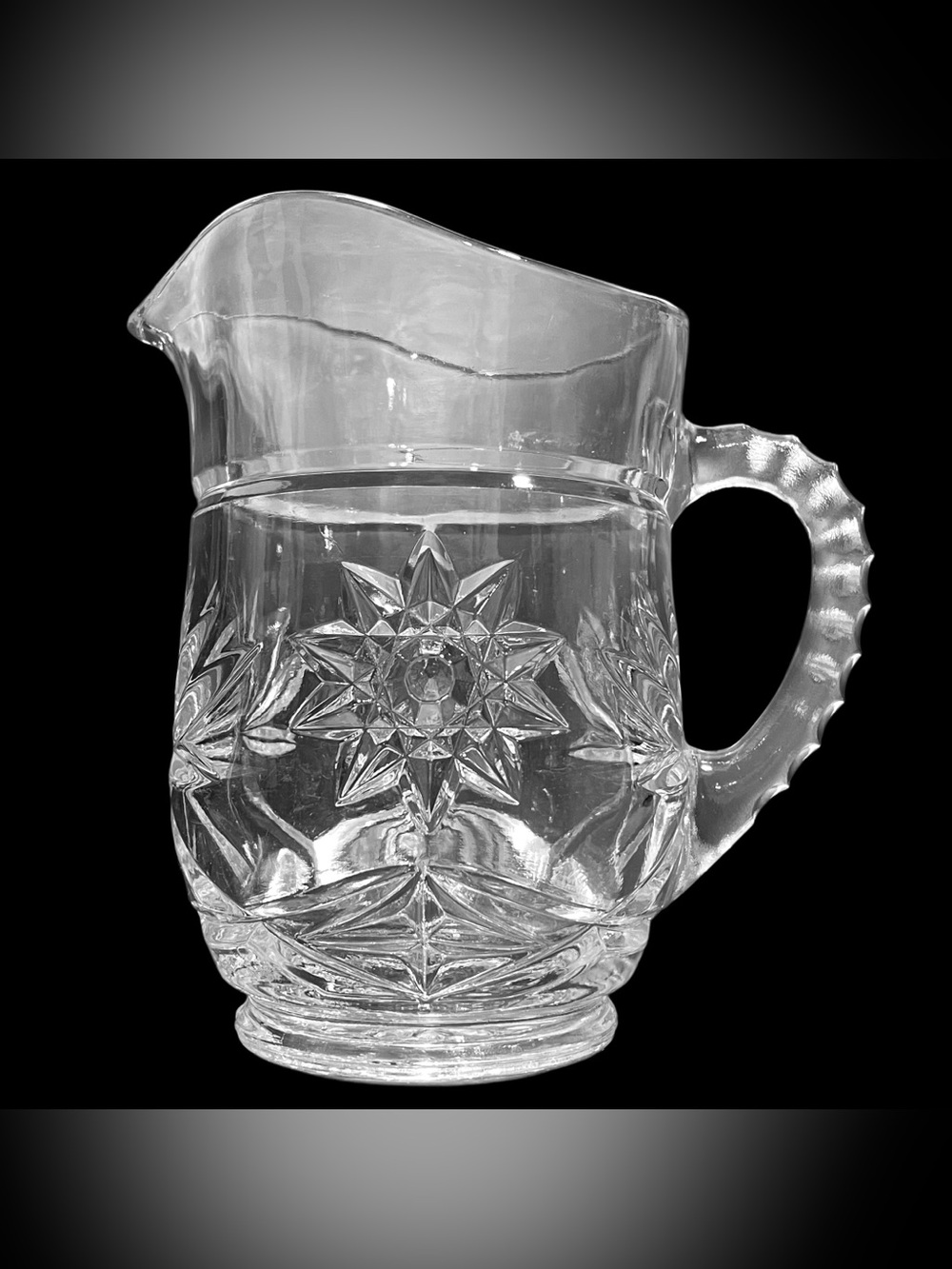 Vintage 1960s Anchor Hocking Prescut Clear Glass Pint Pitcher Pressed Star Fan